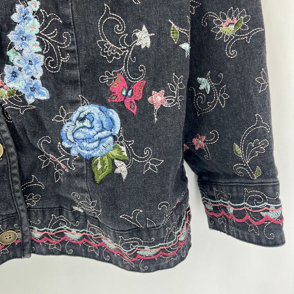 Denim & Co (M) VINTAGE 90s Womens Black Floral Embroidered Button Up Jean Jacket - Picture 5 of 9